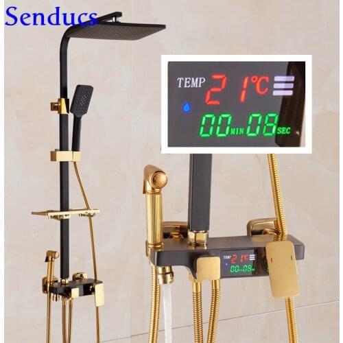 Bath Shower Set Luxury Bathroom Shower System Black Gold Digital Shower Set Quality Brass Bathroom Mixer Faucet Hot Cold Taps