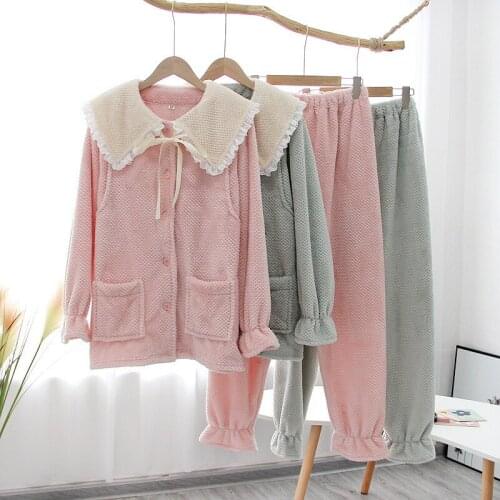 Ladies Pyjamas 2 Pieces Winter Women Thicken Warm Soft Pajamas Female Flannel Nightwear Set Mujer Long Sleeve Sleepwear for Girl