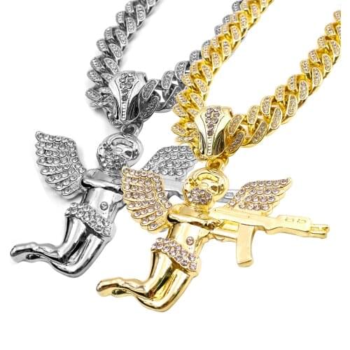 2021 Fashion HIP Hop Crystal Angel Pendants 13MM Cuban Necklace Gold Silver Color for Men Women Chain Rhinestone Jewelry Gift