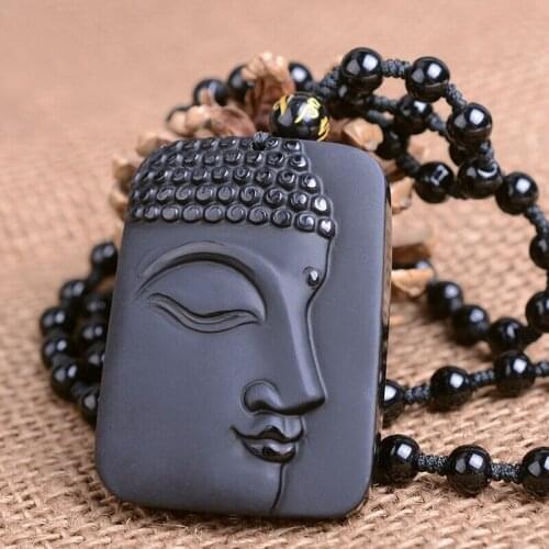Natural Obsidian Buddha jade Pendant Necklace Man Exquisito Jewellery Fashion Accessories Hand-Carved Luck Amulet Gifts