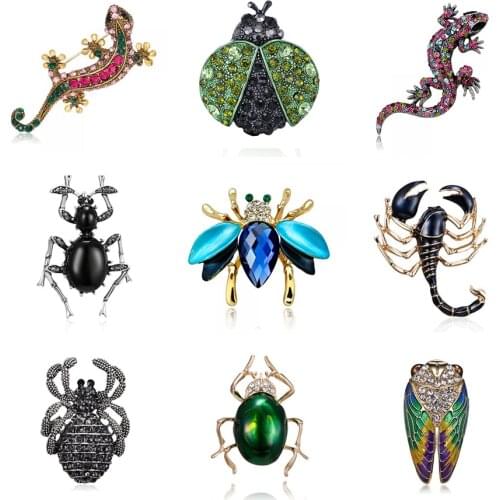 Rinhoo Cute Ladybug Spider Gecko Lizard Insect Series Brooches Crystal Rhinestone Animal Pin Brooch Jewelry Gifts For Women Men