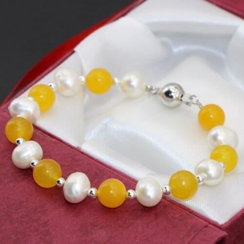Romantic 8mm yellow jades chalcedony stone round beads clasp natural 7-8mm white pearl bracelets elegant jewelry 7.5inch B2741