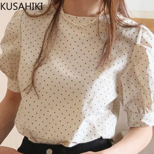 KUSAHIKI Chic Dot Women Blouse Shirt Korean Puff Sleeve Causal O-neck Women Top Summer New Sweet Blusas Mujer De Moda 2021 6H661