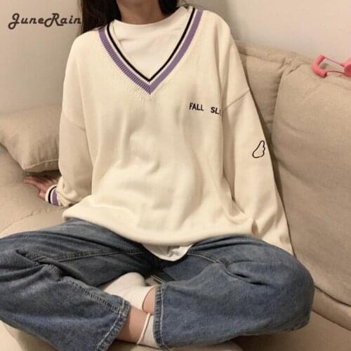 Chic Vintage V-neck Daily Oversize Preppy Sweaters Women Ulzzang Letter Girls Knitwear Fall Casual All-match Ins Womens Sweater