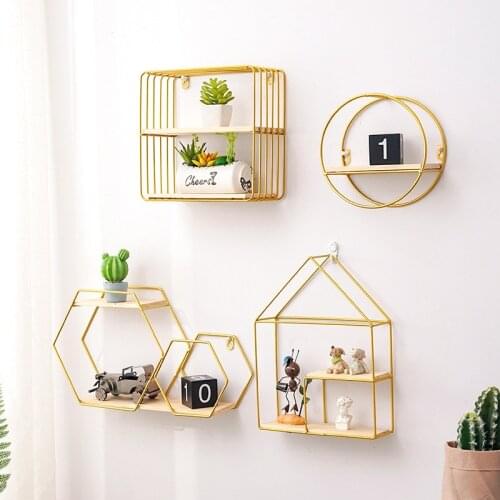 Nordic Iron Wall Shelf Quality Hexagon Cabin Multi-function Hanging Storage Basket Living Room DIY Figurines Decoration Holders