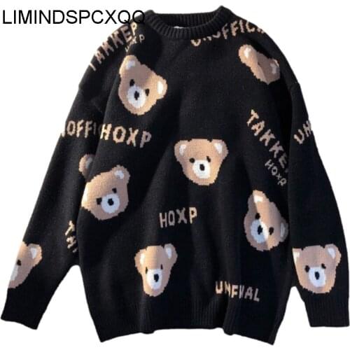 Cute Bear Wine Red Sweater Autumn Winter Couple Outfit Loose Wild Pullover Tops Womens 2021 Clothes Printing Long Sleeve O-neck