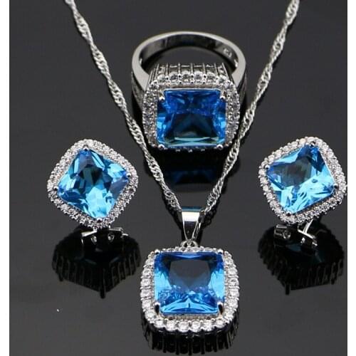 925 Sterling Silver Jewelry Blue Cubic Zirconia White CZ Jewelry Sets For Women Wedding Earrings/Pendant/Necklace/Rings