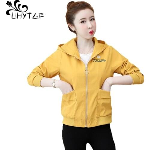 UHYTGF Cute Girl Spring Autumn Jacket Womens Fashion Embroidered Hooded Loose Plus Size Coats Casual Female Short Outerwear 2052