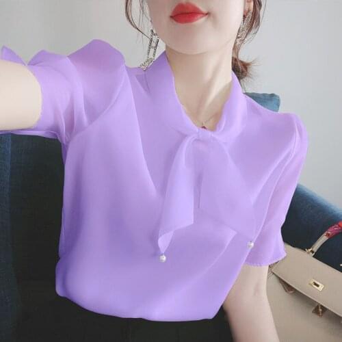 Womens work shirt clothes short-sleeved bowknot chiffon shirt summer tops office chiffon shirts