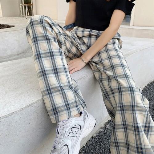 Vinatge Plaid Pants Women Summer Autumn High Waist Wide Leg Pants Elegant Chic Plus Size Trousers pantalon femme