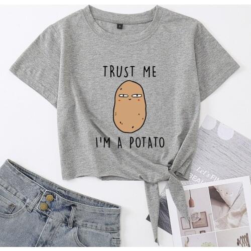 Trust Me I'm A Potato Knotted Crop Top Shirt Womens Summer Short Sleeve Cotton T-Shirt Cropped Tops Graphic Tee with Front Knot