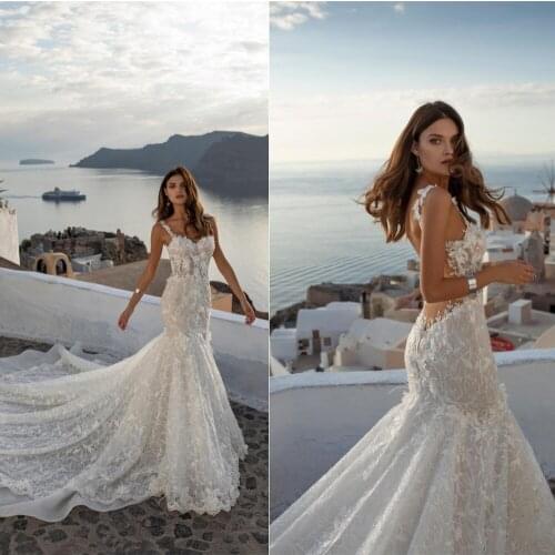2020 Wedding Dresses Sexy Spaghetti Straps Lace Appliques Beads Mermaid Bridal Gowns Backless Sweep Train Wedding Dress