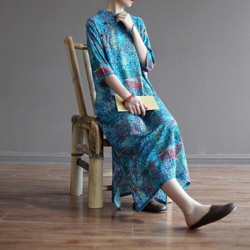 Women Loose Stand Collar Printed Cotton Linen Dress Ladies Qipao Dress Female Autumn Cheongsam Dresses 2020