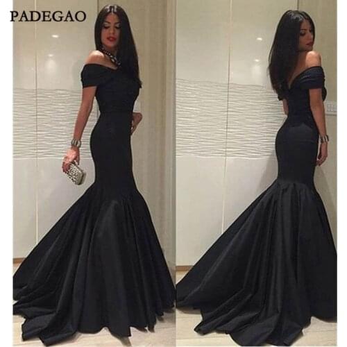2019 Black Evening Dresses Mermaid Off Shoulder Prom Dresses Sleeveless Sweep Train Ruffles Pleat Formal Evening Dress