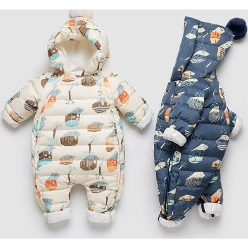 2021 Velvet Baby Winter Snowsuit Hooded Catoon Printing Newborn Rompers Girls Down Overalls Infant Boys Jumpsuit