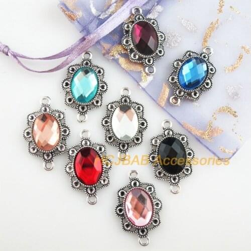 8Pcs Tibetan Silver Tone Flower Retro Oval Mixed Crystal Charms Connectors 18x29mm