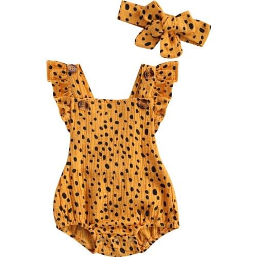 2021 0-24M Toddler Summer Baby Girl Playsuit Polka Dot Print Square Neck Sleeveless Ruffled Romper+Headband 2pcs Outfit