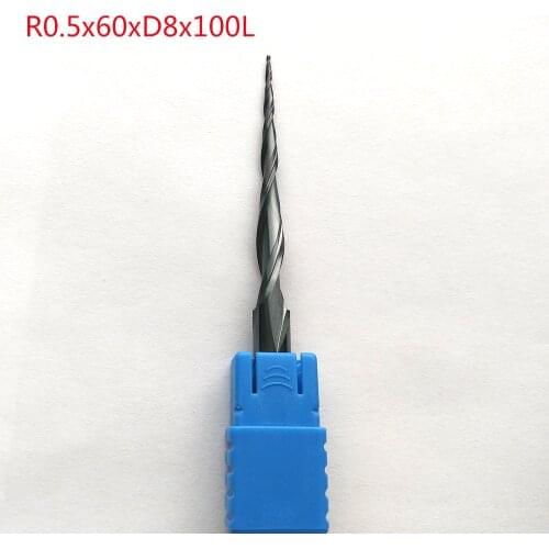 1pc R0.5*D8*60*100L*2F HRC55 Tungsten solid carbide lengthen Tapered Ball Nose End Mills cone milling cutter wood tools