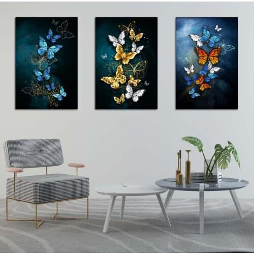 3 Piece Canvas Art Butterfly Gold Foil Printing Pictures for Wall Modern Gold Dancing Butterfly Canvas Pictures for Living Room
