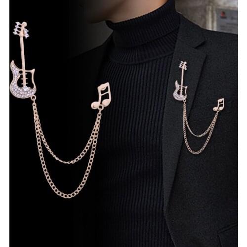 Korean New Guitar Music Notes Brooch Crystal Tassels Chain Lapel Pin Suit Coat Corsage Brooches for Women and Men Accessories