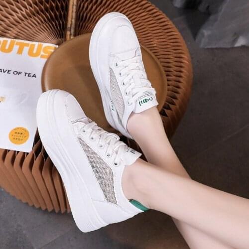 White shoes Height Increasing Women Sneakers Summer mesh Wedges Casual Shoes Breathable Lace Up Platform Sneakers women shoes