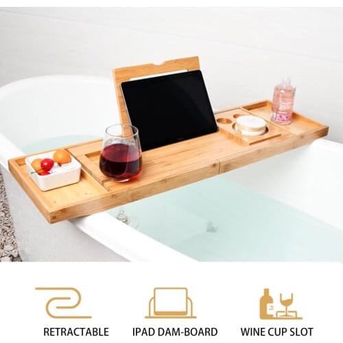 Multifunction Bathtub Serving Tray Bamboo Bath Bridge Useful Storage Rack Shelf Telescopic Tablet Holder for Bathroom Home (105x
