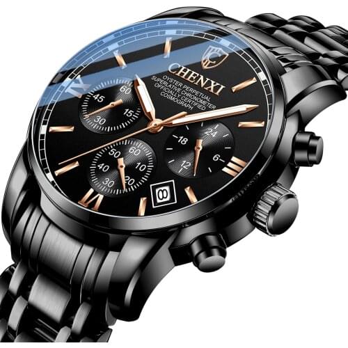 Mens Watches Top Brand Luxury CHENXI Black Stainless Steel Chrono Male Wrist Watch 3Bar Waterproof Business Casual Clock for Men