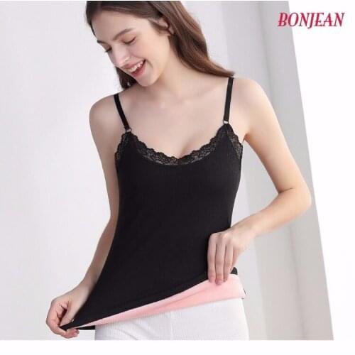 NEW Women Pink Lace Top Velvet Thermal Vest Fleece Second Thermal Slim Winter Warm Pajamas Underwear Vest Thick Female Tank Tops
