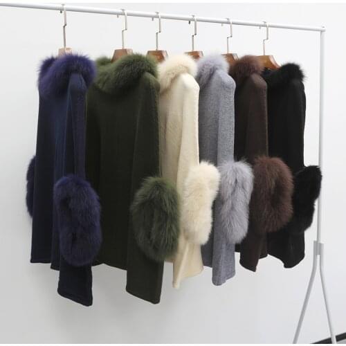 Autumn Women Knitted Poncho With Real Fox Fur Collar Cuff Fashion Casual Genuine Wool Warm Pullover Sweater Jumper Wholesale