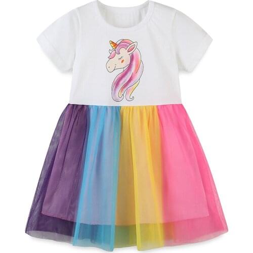 Unicorn Dress Summer Dresses for Baby Girl White Mesh Print Kids Clothes 5 Year Old Little Girls