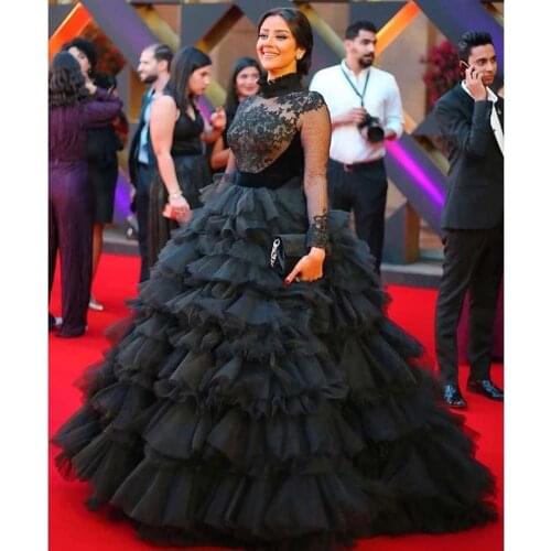 Luxury Arabic Dubai Tiered Ruffles Ball Gown Black Tulle Formal Evening Dress Plus Size High Neck Long Sleeves Prom Dresses