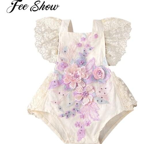Appliques Flower Baby Rompers For Newborn Girls Lace Ruffles Princess Bodysuit 1 2 Year Infant Summer Clothes Playsuit Jumpsuit