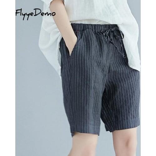 New Loose Women Pocket Elastic Waist Belt Bandage Striped Shorts Women Summer Highstreet Casual Shorts Feminino Korea Style