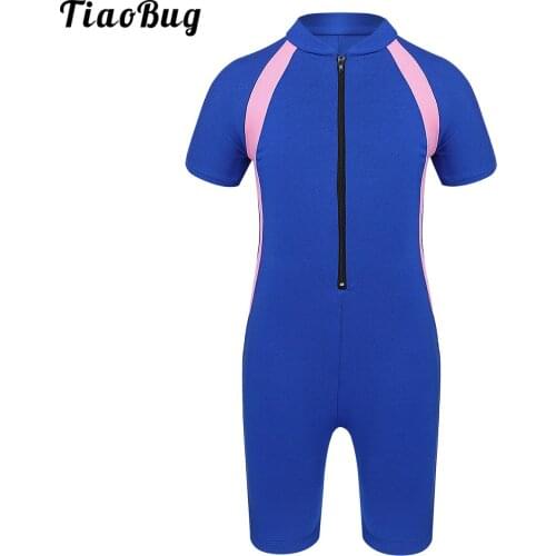 TiaoBug Kids Girls Summer One-Piece Short Sleeves Zippered Shorty Wetsuit Swimsuit Swimwear Bathing Suit Rash Guard