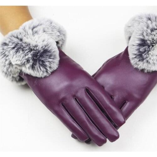 YGYEEG Fashion Women Warm Thick Winter Gloves Leather Elegant Mittens Free Size Rabbit Fur Female Faux Fur Waterproof Gloves