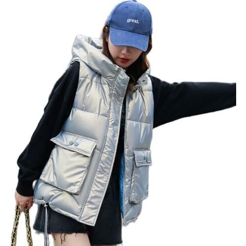 Women Winter Short Glossy Hooded Windproof Bubble Vest Coat Outwear Overcoat Oversized Puffer Jacket Cotton Padded Parkas
