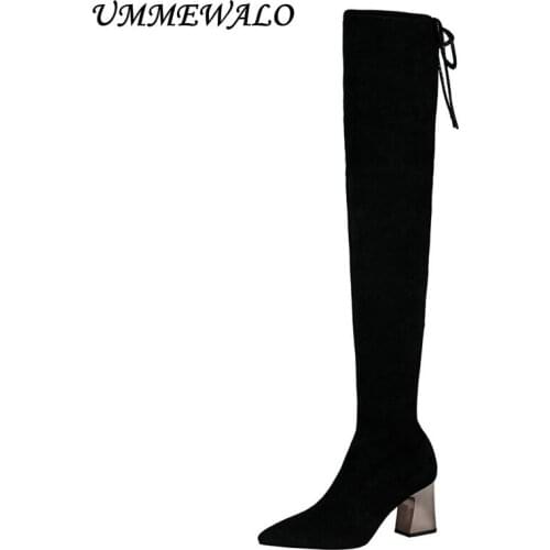 UMMEWALO Pointed Toe Slim Sexy Thigh High Boots Women Fashion High Heel Elastic Winter Boots Ladies Shoes