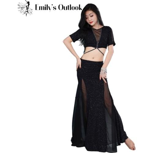 2021 Summer Water Yarn Belly Dance Costume Sexy Women Silver Shine V Neck Top Rhinestone Decorated Fishtail Long Skirt Black