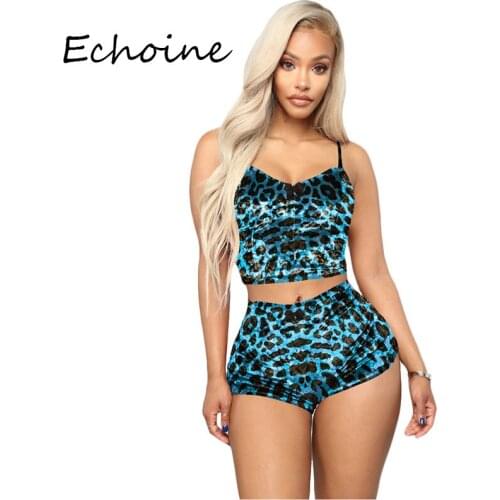 2020 Summer Women Two Pieces Set Leopard Print Vevet Shinny Crop Top + Short Pants Tracksuit Women Plus Size XXL