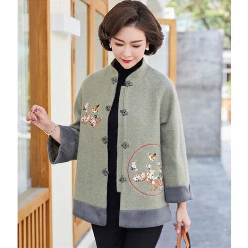 Ethnic Style Fashion Embroidery Womens Woolen Coat Autumn Winter Clothing For Lady Stand Collar Retro Buckle Jackets f2316