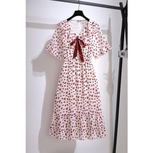 Summer V-Neck Mid-Calf High Waist Dress Big Plus Size Printed Elegant Office Ladies Chiffon Tunic Swing Midi Dress