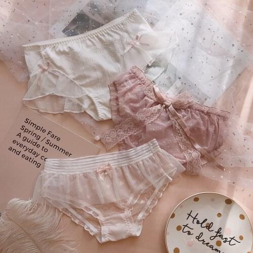 3pcs/lot Japanese girl underwear female mesh lace briefs sweet sexy bow cotton shorts