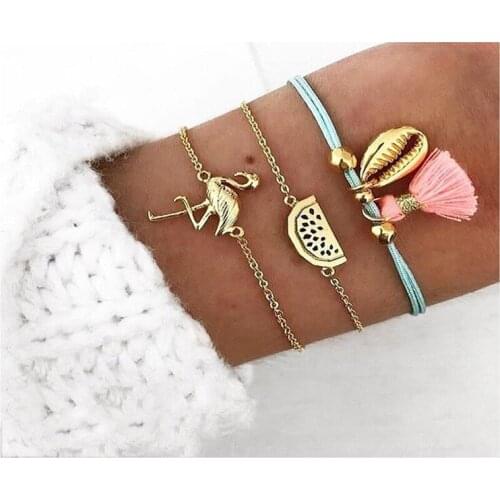 3pcs/pack bangle bracelet with faux shell and metal carve crane design in mixed link chains in gold tone