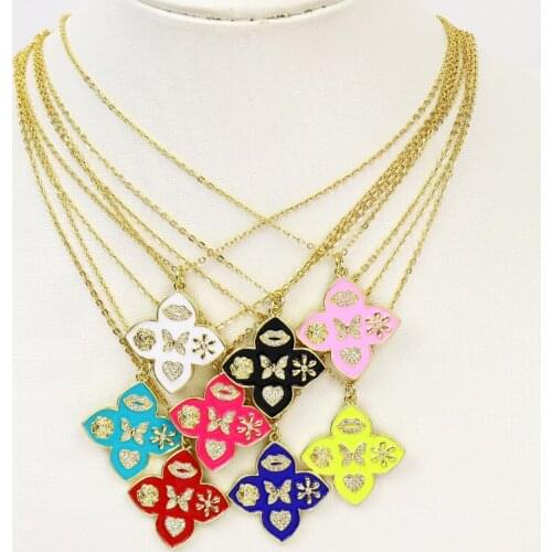 6Pcs Enamel Flower Zirconia Charms Pendant Necklace Gold color pendant Jewelry Necklace New design 51825