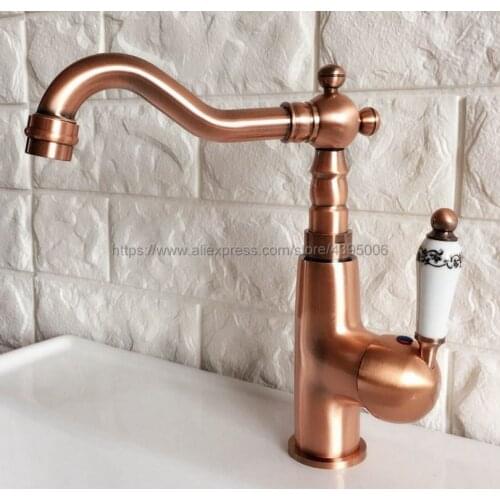 Antique Red Copper Basin Faucet One Handle Single Hole Bathroom Hot and Cold Mixers Lavatory Sink Washing Tap Bnf411