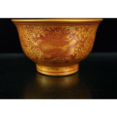 Chinese Old Porcelain Golden Bowl with Dragon Pattern Desk Decoration Home Accessories Collection Ornaments Gift
