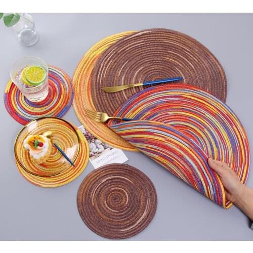 INS Style Color Satin Dyed Ramie Cotton Yarn Woven Anti-scalding Placemat Tea Coaster Round Plate Mat Bowl Mat
