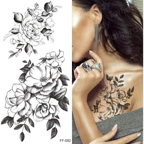 Fake tattoo flower rose peony black tattoo girl women arm sleeve temporary tattoo flowers waterproof sexy body art stickers