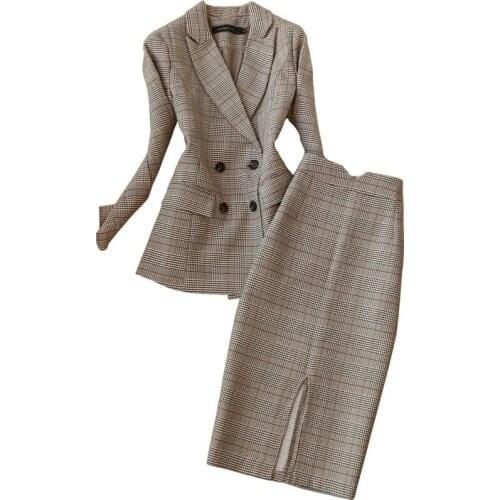 Two piece set skirt autumn and winter new fashion long-sleeved suit plaid temperament suit skirt office ladies two-piece set