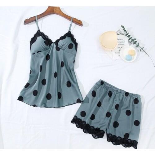 Lace Trim Strap Top&Shorts Women Pajamas Set Sleeveless 2PCS Sleepwear Polka Dot Sleep Set Summer Satin Pijamas Suit Home Wear